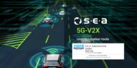 News Grafik einer Straße mit Funk- und Kommunikationsdarstellung vernetzter Autos mit V2X 5G