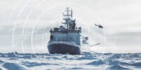 Research vessel Polarstern and helicopter in the Arctic, symbolic measurement data arranged concentrically