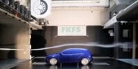 Flow measurement with blue car model in the FKFS wind tunnel