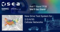 Messe- und Produktankündigung von S.E.A. Datentechnik GmbH zum Mobile World Congress in Barcelona. Kartendarstellung einer Drive Test Mobilfunkvermessung und stylsisiertes Mobilfunknetz