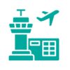 Icon eines Flughafens mit Tower und abfliegendem Flugzeug – Symbol für Luftfahrt, Flugverkehr oder Flughafeninfrastruktur.