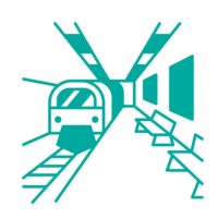 Icon einer U-Bahn oder S-Bahn in einem unterirdischen Bahnhof mit Gleisen, Sitzbänken und Tunnel – Symbol für öffentlichen Nahverkehr, Bahninfrastruktur oder städtische Mobilität.