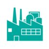 Stylized icon of an industrial building representing factory or production environments
