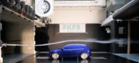 Flow measurement with blue car model in the FKFS wind tunnel