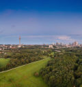 Bird's eye view of city with surrounding countryside