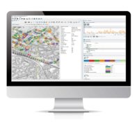 Monitor with maps and table display of analysis and evaluation data from various access points captured by WLAN scanner