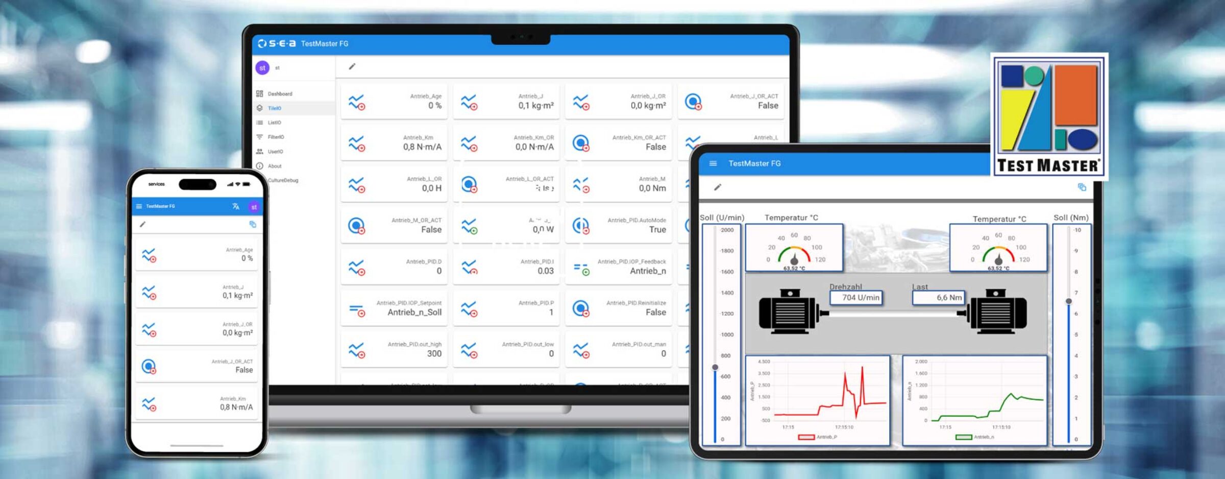 Screenshots der S.E.A. TestMaster Prüfstandssoftware auf mobilen Endgeräten und Laptop