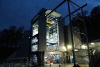 Rocket engine test stand at night