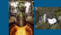 Ansicht eines Arianetriebwerks und Prüfstand DLR Lampoldshausen