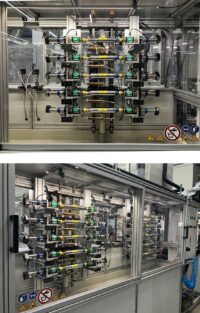Automated multi-channel faucet testing rig in the GROHE endurance testing laboratory, equipped with pneumatic and hydraulic actuators for long-term pressure and flow durability tests, developed by S.E.A. Datentechnik.
