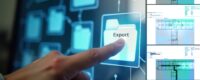 Nahaufnahme eines Fingers, der auf ein digitales Ordnersymbol mit dem Wort „Export“ tippt – daneben Beispiele von exportierten Funkmessberichten mit farblicher Signalstärkenvisualisierung auf Gebäudegrundrissen