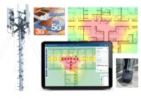 Visualisierung der Indoor Funkvermessung mit Heatmap-Simulation der Signalstärke in einem Gebäudegrundriss, mobiler Messkoffer für 2G-, 3G-, 4G- und 5G-Netze, Darstellung von Mobilfunkmast, SIM-Karten und Software-Interface zur Funknetzplanung und Netzoptimierung.