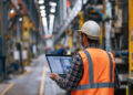 Techniker mit Schutzhelm und Warnweste analysiert Funkmessdaten auf einem Laptop in einer modernen Industriehalle – Anwendung von Indoor Funkvermessung in der Produktion.