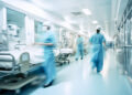 Medizinisches Personal in Bewegung auf einem Krankenhausflur mit Intensivstation – kritischer Bereich für zuverlässige Indoor Funkvermessung und Netzabdeckung.