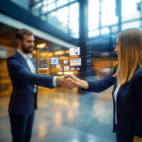 Zwei Geschäftsleute geben sich im modernen Bürogebäude die Hand – überlagert mit digitalen Daten-Icons wie Smartphone, Suche, Charts und Dokumenten – symbolisiert digitale Zusammenarbeit und datengetriebenes Projektmanagement.