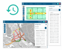 Software-Oberfläche zur Historie von Funkmessdaten – Auswahlmenü zur Anzeige und Analyse vergangener Messungen auf Gebäudegrundrissen und Straßenkarten.