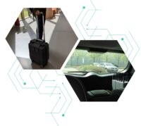 Tragbares Messgerät im Trolley-Format für Walktests und Funkvermessung im Innenbereich, daneben Einbau von Messhardware im Fahrzeug für Drive-Tests zur mobilen Netzabdeckungserfassung.