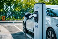 ein weißes Auto steht an einer E-Ladesäule