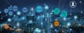 Ansicht einer vernetzen Stadt bei Nacht mit Nennung von Technologien für Funkmesstechnik